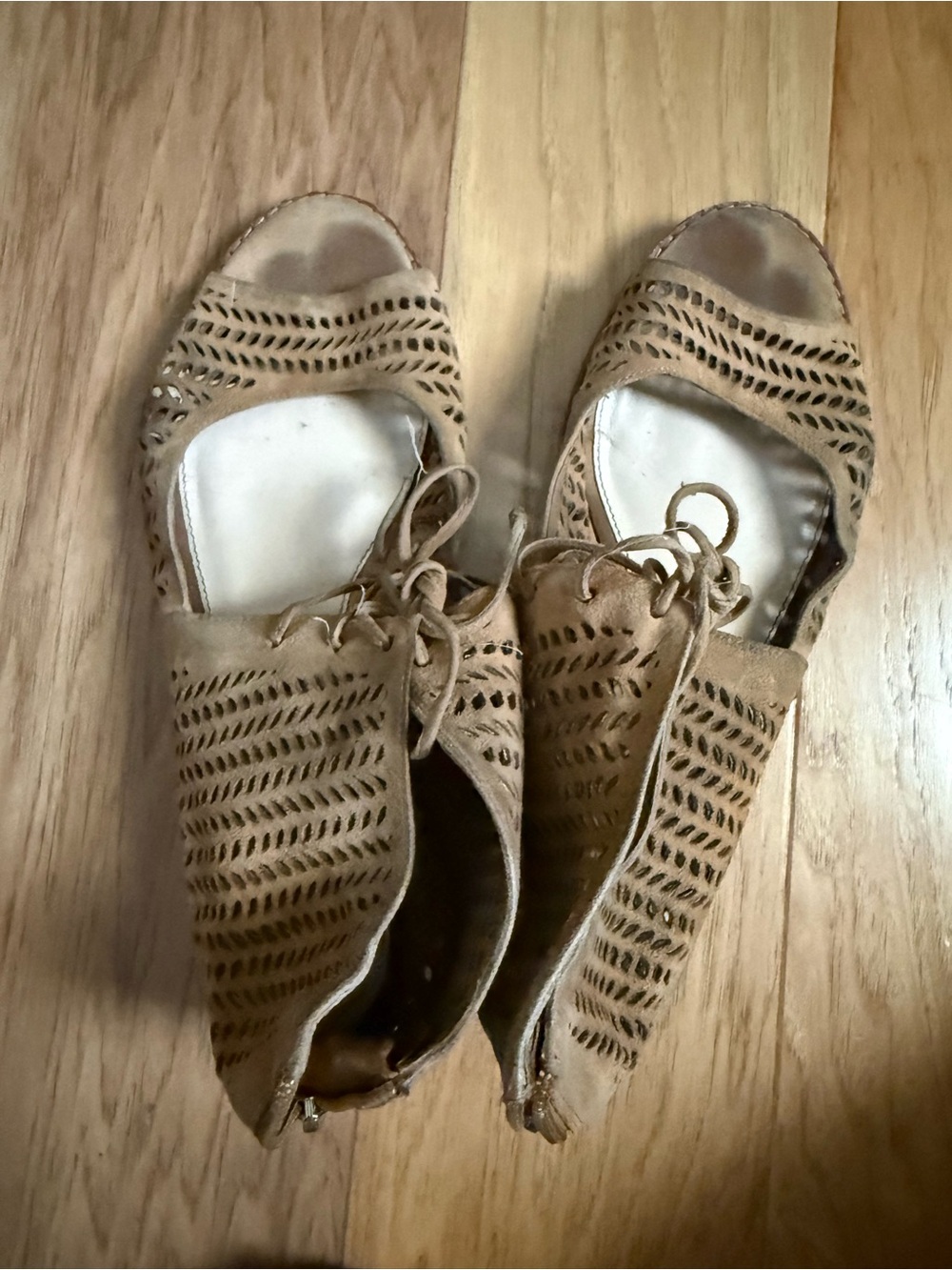 Vince Camuto Tan Laser-Cut Lace-Up Peep-Toe Ankle Booties